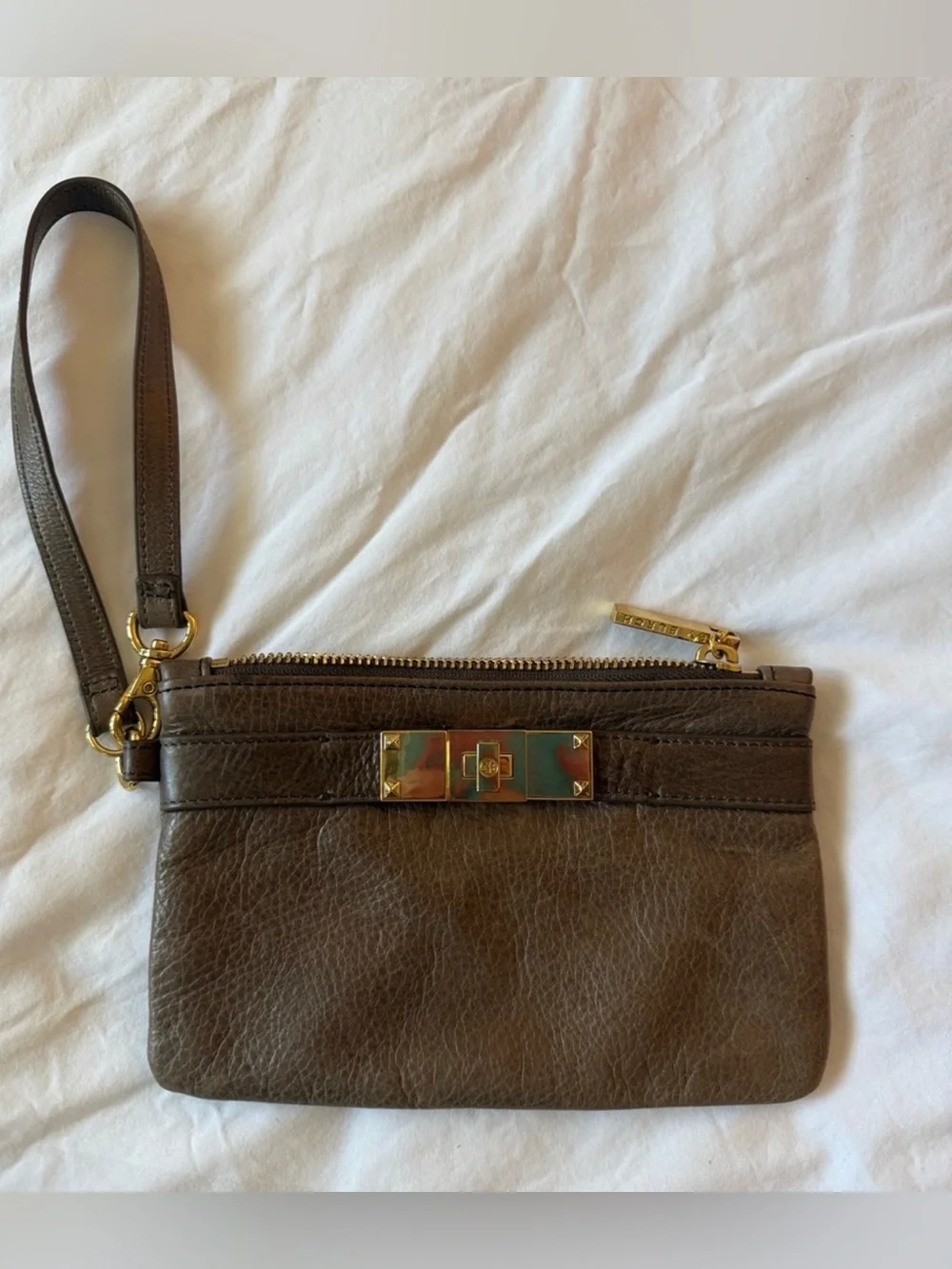 Tory Burch Brown Leather Wristlet With Gold Turn Lock & Studs